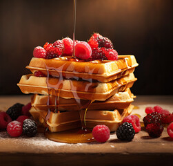 Belgian Waffles with Berries and Honey , Close Up. AI generated Illustration.