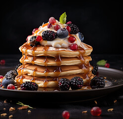 Pancake Breakfast with Berries and Honey , Close Up . AI generated Illustration.