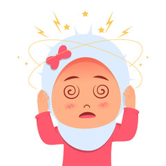 Cute sick girl has a symptom of dizziness. Woman feeling vertigo. Dizziness.