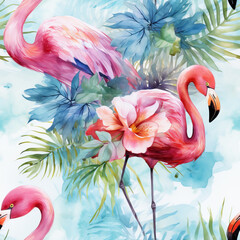Tropical Seamless Pattern with Pink Flamingo Birds. AI generated Illustration. - 624213091