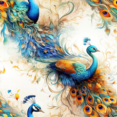 Seamless Background with Peacock  Birds . AI generated Illustration. - 624213095