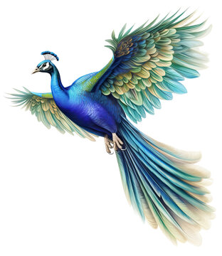 Peacock in Flight isolated on white background . AI generated Illustration.