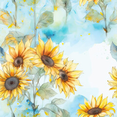 Watercolor of Seamless Pattern with Sunflowers  .AI generated Illustration. - 624213496