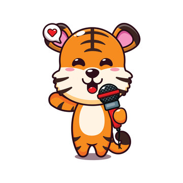 cute tiger holding microphone cartoon vector illustration.