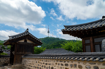 Namsangol Hanok Village. and Seoul Tower Located on Namsan Mountain in Seoul,South Korea.