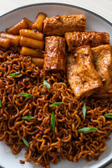 Jajangmyeon or JJajangmyeon with Odeng and Omuk - Korean Instant noodles with Korean fish cake in black bean sauce