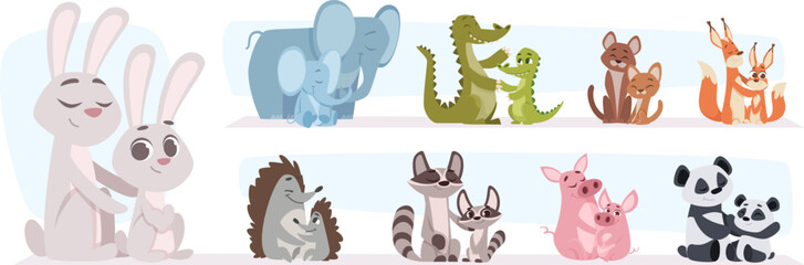 Baby animals with mom. Happy parents of wild animals funny family couples of different characters exact vector illustrations in cartoon style