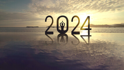 Silhouette of young woman exercising yoga while doing meditation with 2024 new year numbers