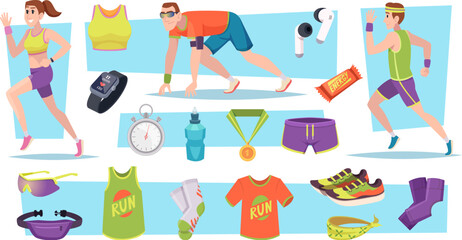 Marathon runners. Cartoon sport characters fitness activities exact vector templates