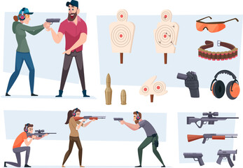 Shooting gallery. Goals for shooting weapons people with guns exact vector cartoon set