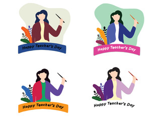 illustration, vector happy teacher's day in educational style. for brochure, banner template, poster. Female teacher of various types