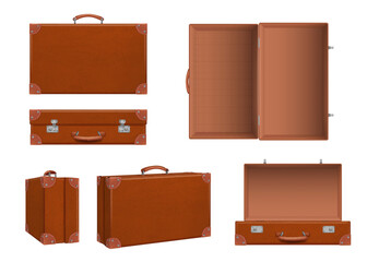 Travel suitcase. Open and closed retro baggage leather suitcase decent vector realistic set