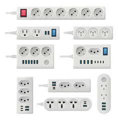 Electricity socket. Extension cords with electro plugs decent vector realistic pictures set