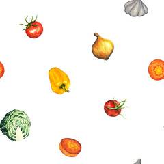 Watercolor seamless pattern with hand drawn vegetables cut carrot, onion, cherry tomato, garlic, bell pepper, cabbage. isolated on white background. healthy plants for print, fabric, wrapping paper
