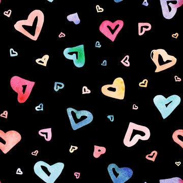 Watercolor seamless pattern with elements for Valentine's Day with hand drawn watercolor hearts on black background. Romantic ornament for valentines day. Isolated on white background. design for