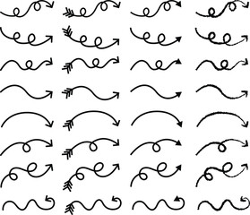 Curved arrow svg. Curly and swirly arrows. Direction arrows, bow arrows, loopy arrows, doodle.