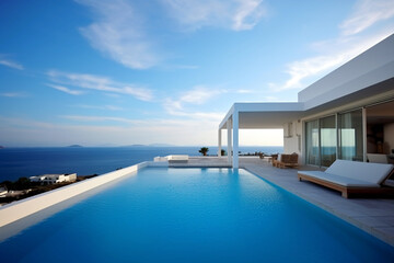 Fototapeta na wymiar Modern villa with swimming pool and beautiful mountain in the background