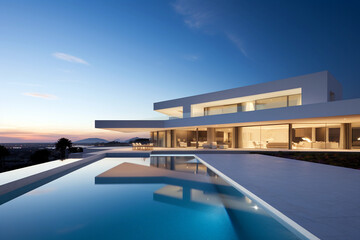Fototapeta premium Modern villa with swimming pool and beautiful mountain in the background