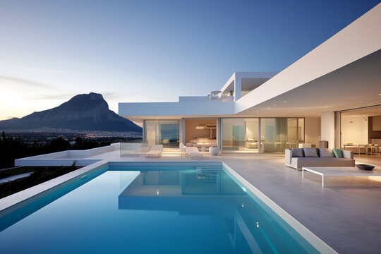 Modern villa with swimming pool and beautiful mountain in the background