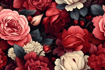 Seamless pattern with red roses on black background