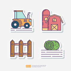 Agricultural tractor, farm barn building, wood fence, rolled hay or grass. Agriculture and farming sticker icon set. Vector Illustration