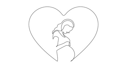 One continuous line drawing of pregnant woman in heart. Healthy pregnancy and birth baby symbol in simple linear style. Happy motherhood in editable stroke. Doodle outline vector illustration