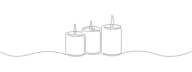 One continuous line drawing of wax or paraffin candle. Christmas home decoration and aromatherapy concept in simple linear style. Editable stroke. Doodle Vector illustration