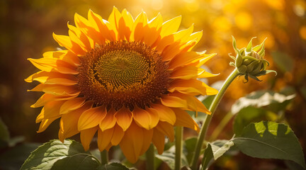 Fototapeta premium set of yellow flowers, sunflowers with leaves, botanical picture, floral design for digital content