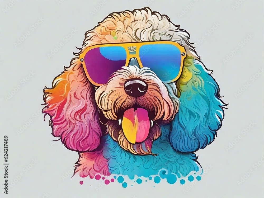 Wall mural Graphic tshirt vector of a cute happy Labradoodle dog, wearing sunglasses, detail design, colorful, contour, white background