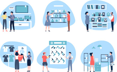 Seller and shoppers characters. Fashion ant tools store, design studio consultant. Retail business, merchandise or commercant recent vector scenes