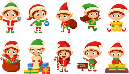 Christmas elf, santas helpers elves characters. Magic cute kids with gifts, xmas creatures for holiday workshop. New year nowaday vector clipart