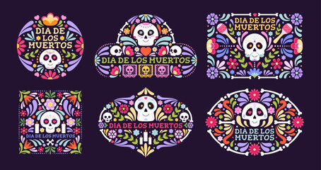 Day of dead latino floral banners. Mexican festival design with sugar skull, bones and flowers. Bright mexico party celebration racy vector prints