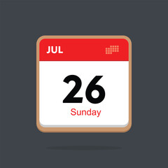 sunday 26 july icon with black background, calender icon