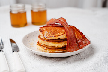 Breakfast Pancakes and Bacon with Honey