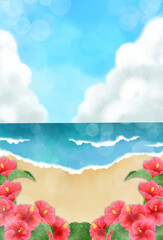 Fototapeta na wymiar ハイビスカスが咲いている真夏の海岸／Midsummer beach with blooming hibiscus