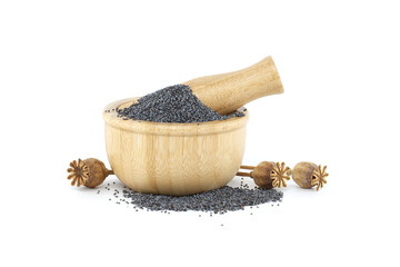 Poppy seeds in wooden mortar with pestle over white