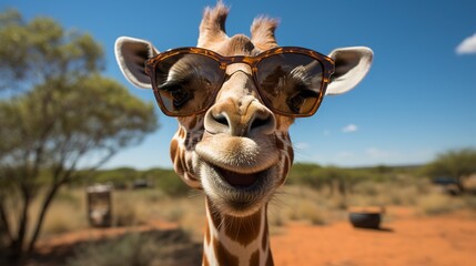 Obraz premium A giraffe With Sunglasses Going to a photo shoot. summer holiday. generative ai
