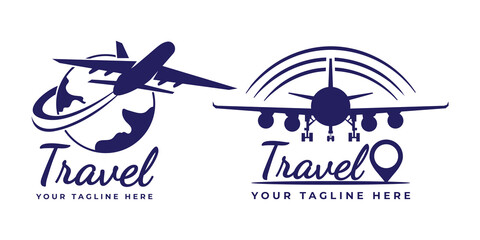 Airplane travel logo template. Travelling tourism logo with airplane 