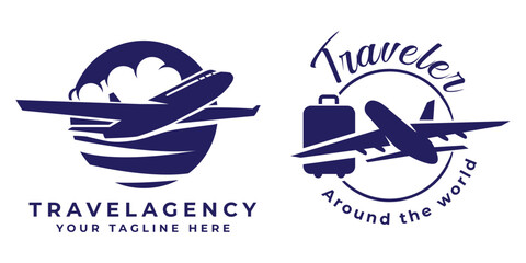 Airplane travel logo template. Travelling tourism logo with airplane 