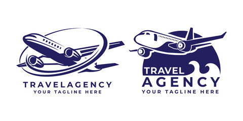 Airplane travel logo template. Travelling tourism logo with airplane 