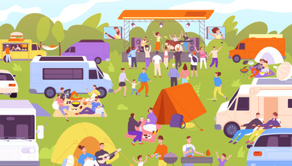 Open air festival. Outdoors stage music concert for summer events, tent camping audience public party dj rock fest outside performance fair festivals splendid vector illustration