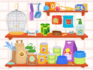Pet shop shelves. Pets shopping goods and feeding products on shelf of petshop store, shelving animal care accessories or cat dog toys in room interior, decent vector illustration