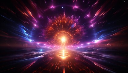 Fototapeta premium 3d render, ultraviolet neon star shape portal, glowing lines, tunnel, virtual reality, abstract fashion background, violet neon lights, arch, pink blue spectrum vibrant colors, laser show