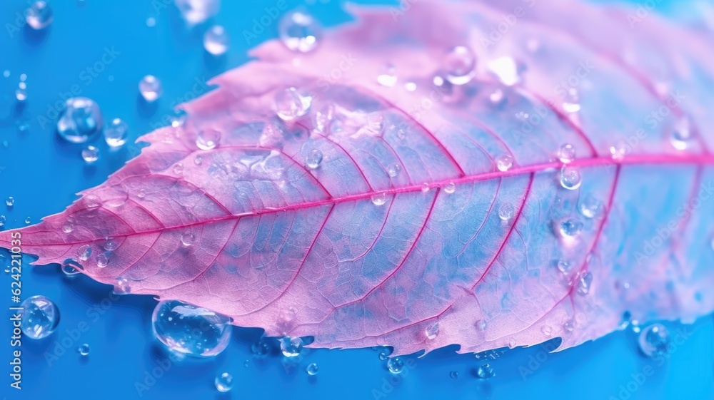Poster the close-up of transparent skeleton leaf with water drops on beautiful texture in a blue and pink b