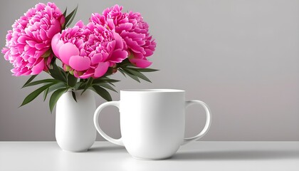 Obraz na płótnie Canvas cup of coffee with pink tulips, AI generated