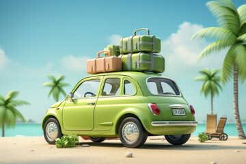 Green Car With Luggage Ready For Summer, Generative AI 
