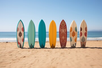 Set Of Colorful Surf Boards For Rent, Generative AI