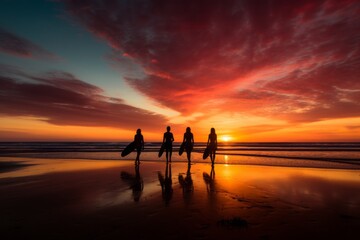 Fototapeta premium Silhouette Of Surfer People, Generative AI