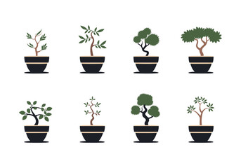 Obraz premium Bonsai in pots vector set in flat cartoon style