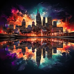 Obraz premium At night, lights reflect in water alongside city skyline. (Generative AI)